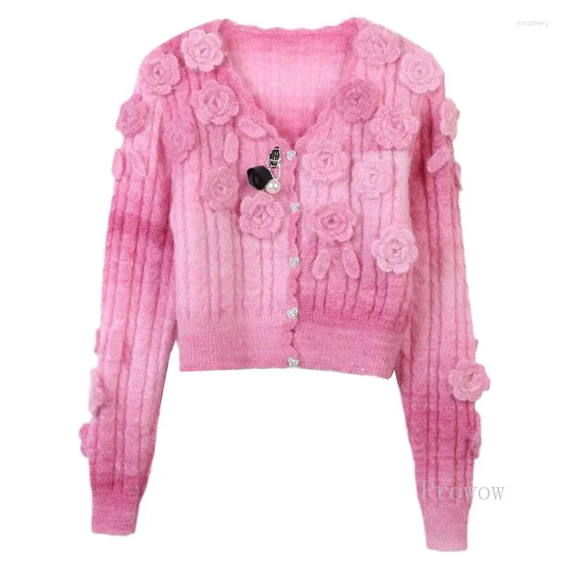 Kvinnors stickor mjuk mohair cardigan med virkade applikationer 2023 Autumn Winter Pink tröja jacka kvinnor v-ringad skördetopp
