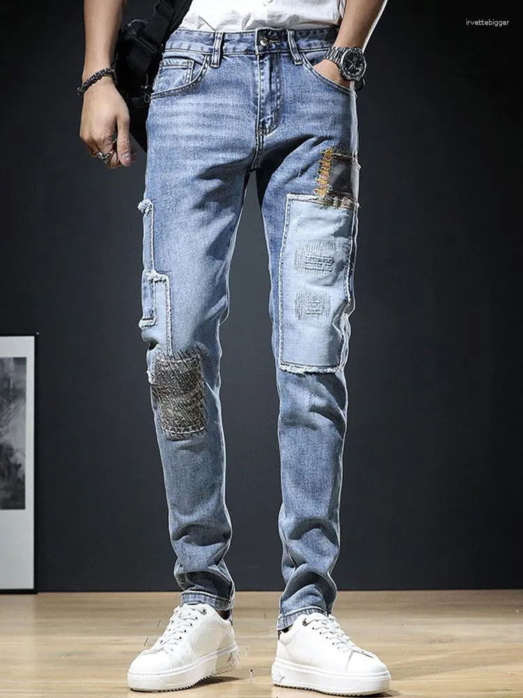 Pantalones Vaqueros Para Hombre Jeans Ajustados Elásticos Con Parches De  Hip-Hop