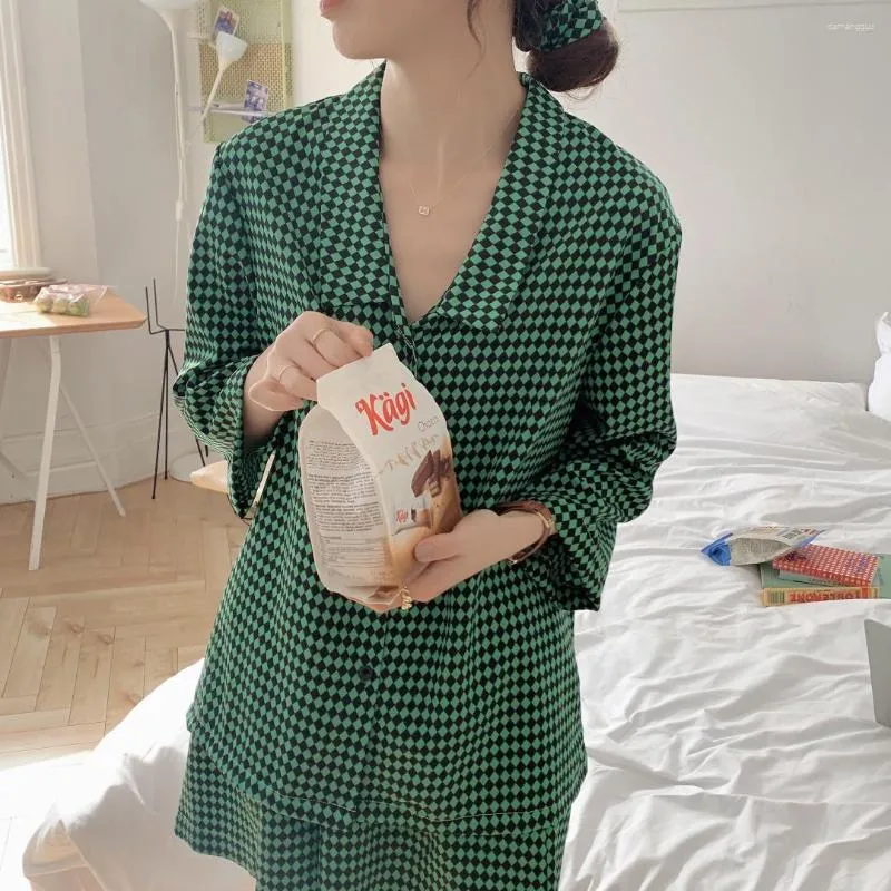 Women's Sleepwear Green Plaid Print Spring Pajamas Set Women Four Piece Shirts Shorts Trousers Hair Ring Home Suit Korean Ins