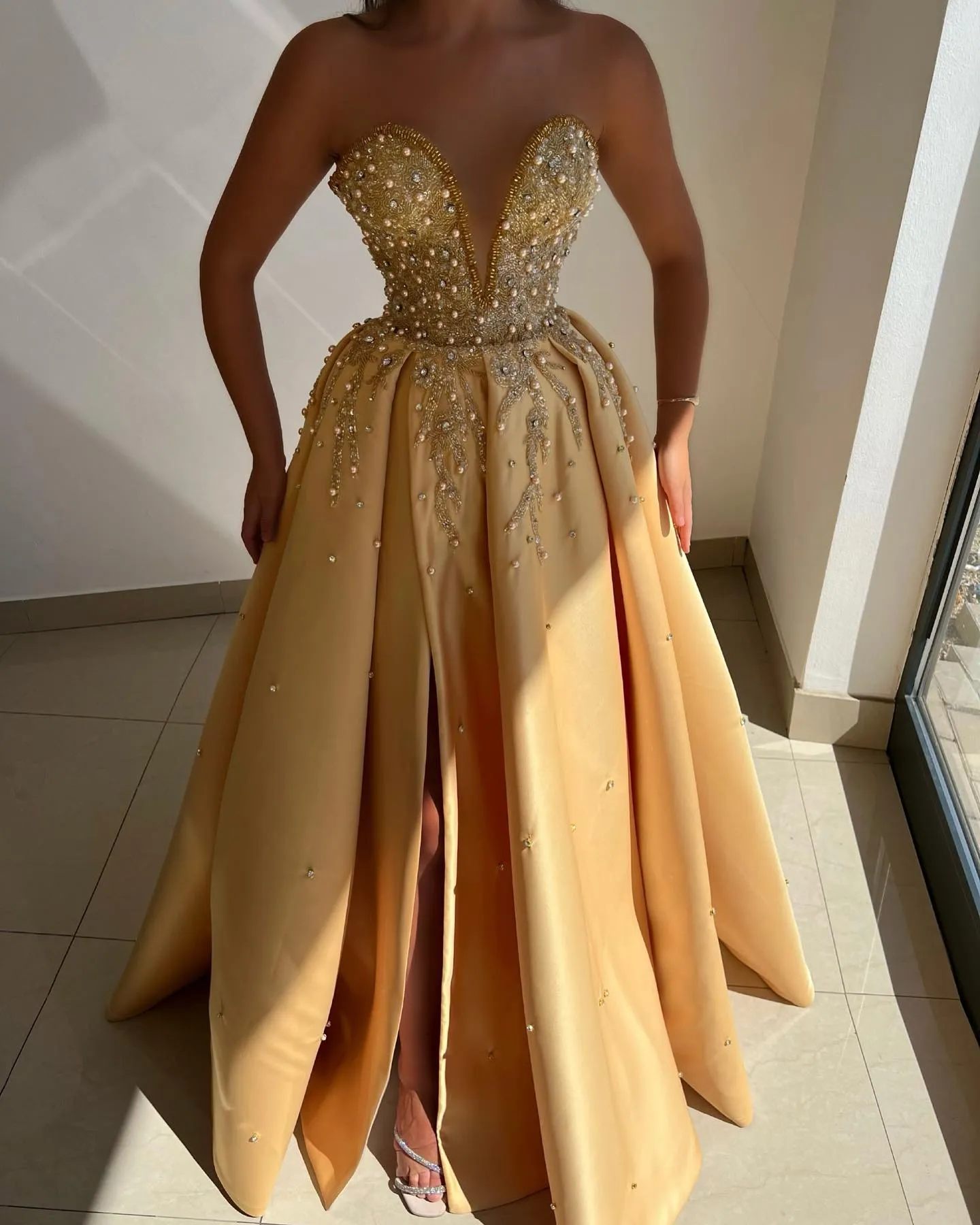 slim fit dress slacks Gold Sweetheart Beaded Sparkles Court Train Flowers Prom Dresses main image 0