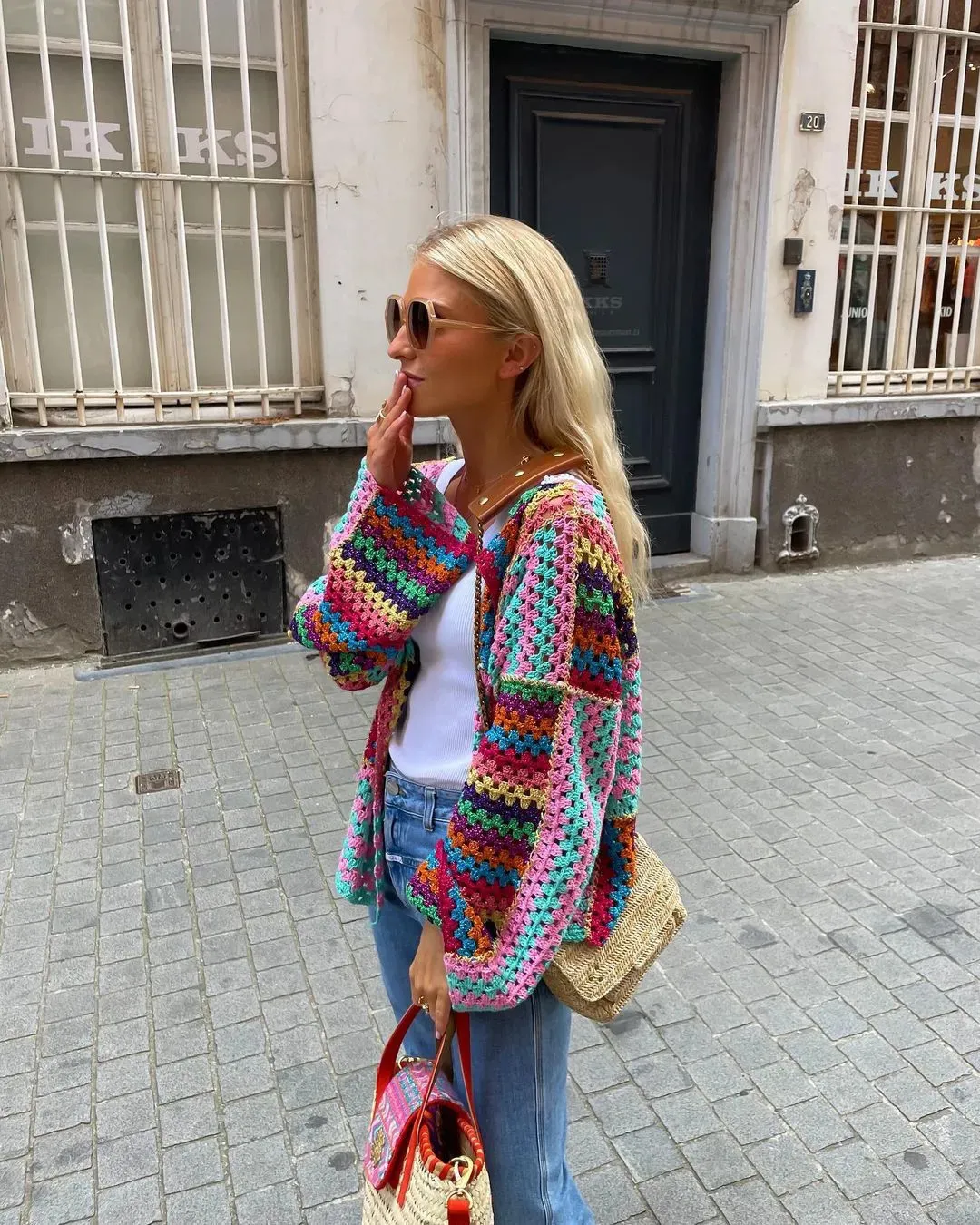 Colorful Knit Stitch Hollow Out Oversize Cardigan Women s Open Front Long Sleeve Flare Cuff Sweater for Fall Winter Acetate Material