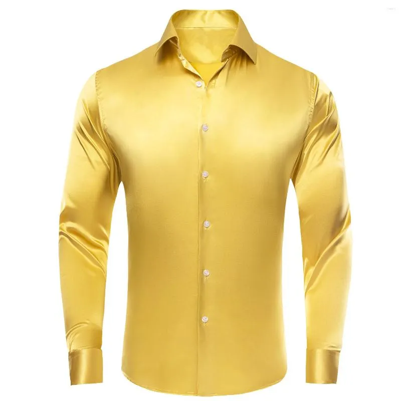 Herrklänningskjortor Hi-Tie Gold Yellow Silk Satin Mens Lapel Collar Solid Long Sleeve Shirt Soft Blus för manlig bröllopsföretagets gåva