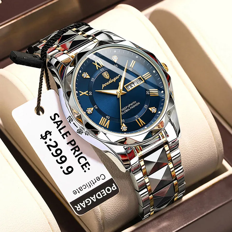 Other Watches POEDAGAR Luxury Men Quartz Watch For Man Sports Waterproof Luminous Stainless Steel Week Date Men's Watches Male Clock Box 230928