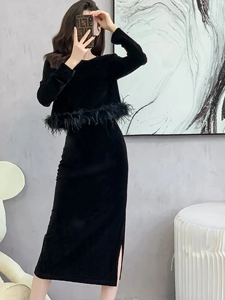 Outfits Skirt And Top: Elegant Velvet O Neck Two Piece Skirt Set