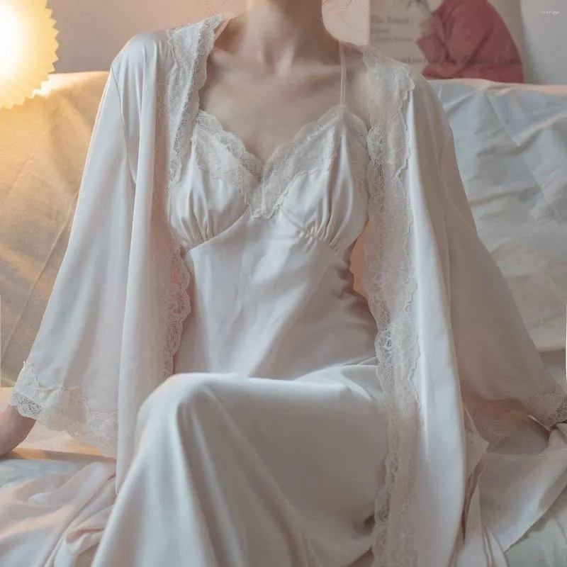 Women's Sleepwear Lace Trim Nightgown Set Female Court Style Satin Nightdress Sexy Princess Home Dressing Gown Spaghetti Strap Nightwear