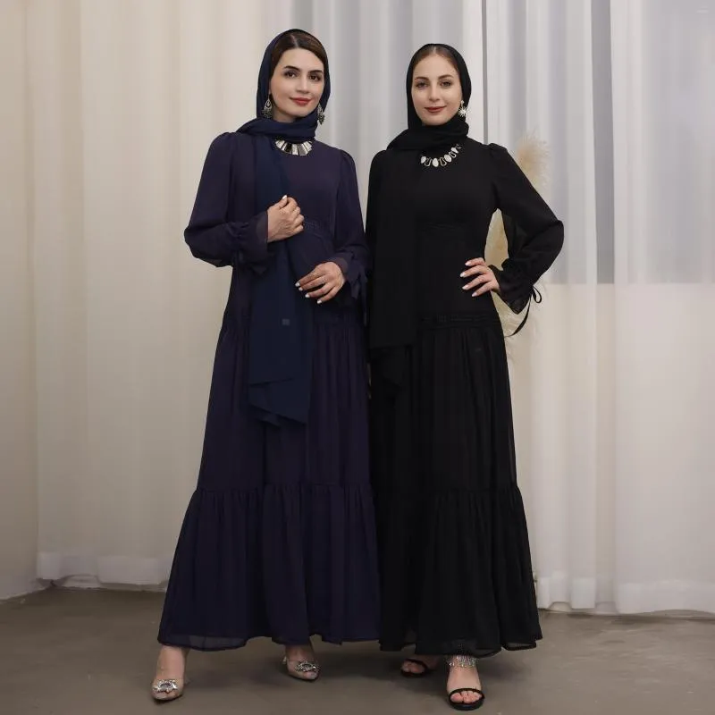 Abbigliamento etnico Abito lungo estivo Donna Chiffon increspato Bordi in pizzo Abaya musulmano Dubai Abito hijabi islamico turco Elegante tinta unita