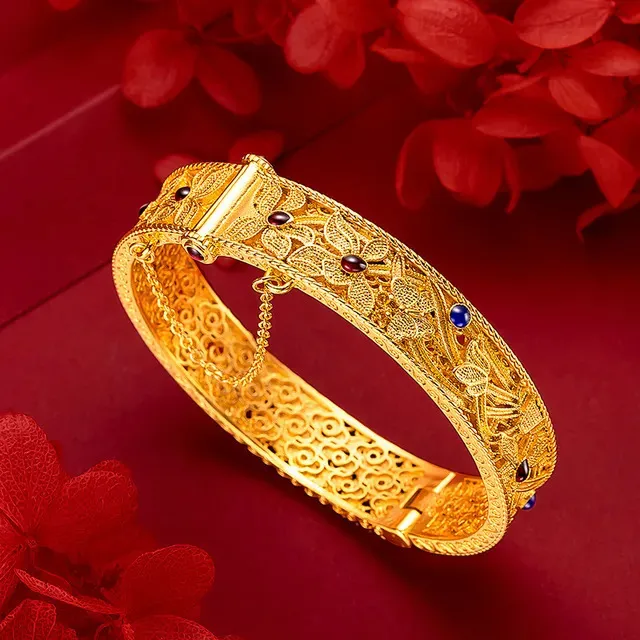 Luxury Roasted Blue Silk Orchid 24k Gold Bangle Bracelet Bracelet