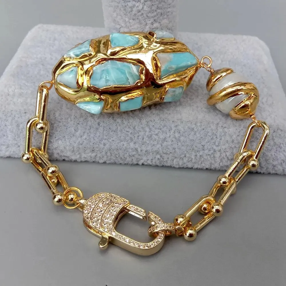 Bracelets de charme YYGEM naturel bleu Larimar puces pavé de culture blanc Keshi perle plaqué or chaîne bracelet 230928