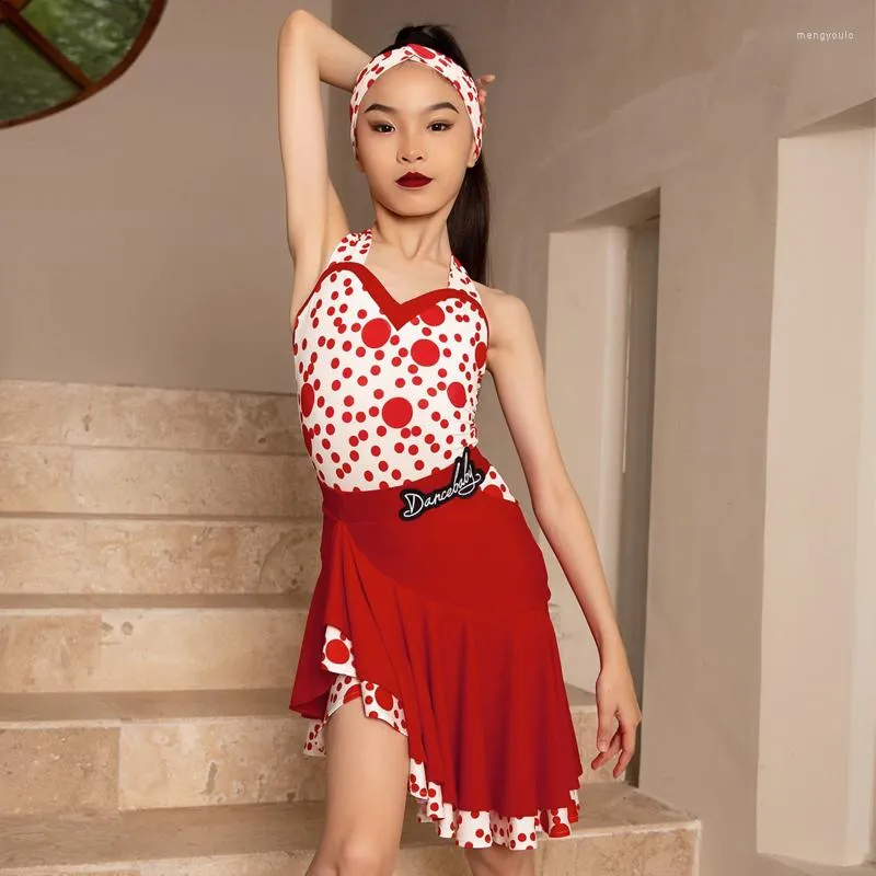 Stage Wear Child Latin Dance Competition Costume Halter Top Red Skirt Girls Dress Kids Performance DWY9259