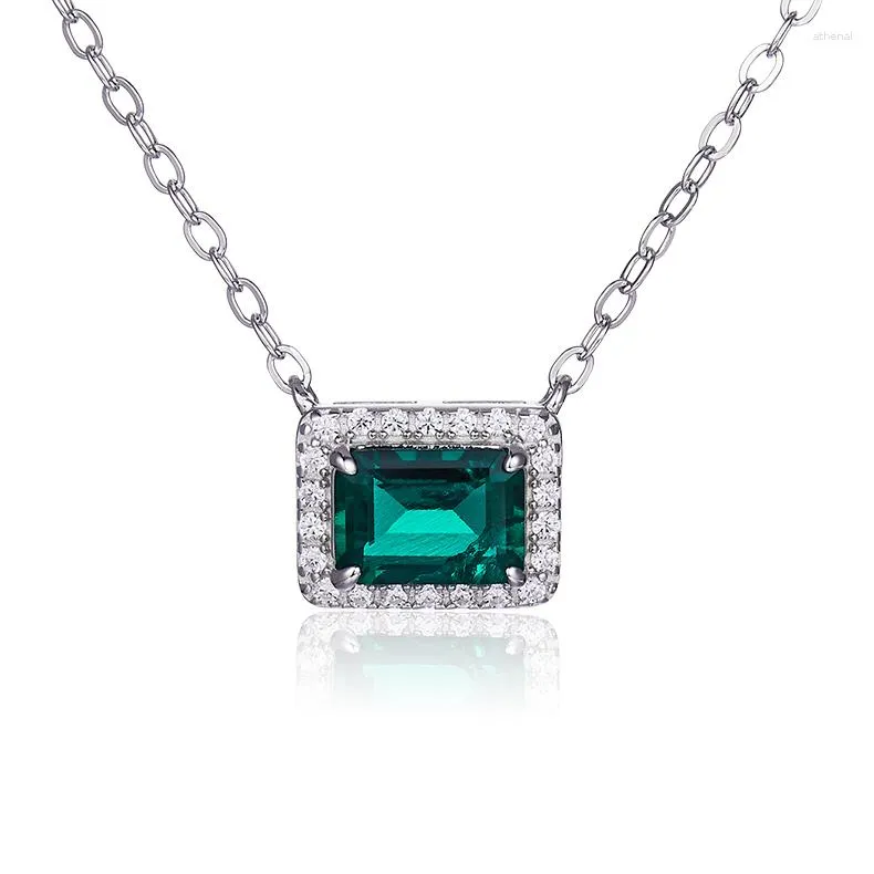 Pendant Necklaces Rectangle Cultivated Emerald S925 Silver Plated Platinum Necklace 0.9CT