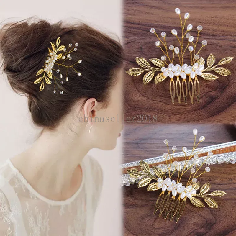 Golden Leaf Crystal Pearl Hair Coman ślub ślubna druhna ślubna Tiars Women Girl