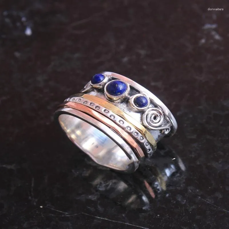 Anéis de casamento vintage redondo azul pedra boho anel clássico tricolor espiral de metal para mulheres jóias 2023