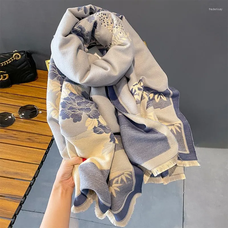 Scarves Korean Fashion Print Imitation Cashmere Thick Scarf Women Luxury Warm Peony Jacquard Shawl