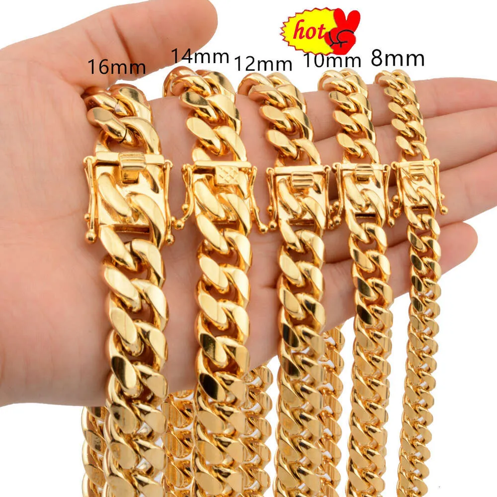 8 mm/10 mm/12 mm/14 mm/16 mm Miami Cuban Link łańcuch ze stali nierdzewnej męskie 14 -karne złote łańcuchy Wysokie wypolerowane naszyjniki punkowe