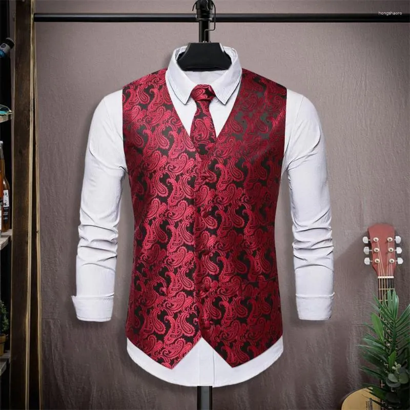 Mäns västar brudgummen Waistcoat Men Party Vest Stylish Retro Wedding With Printed V Neck Slim Fit Pocket Square for Club