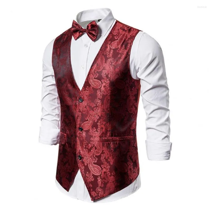 Gilet da uomo Blazer Abiti con papillon Stampa vintage Monopetto Abito da uomo Gilet formale Slim Fit Gilet Sposo Matrimonio