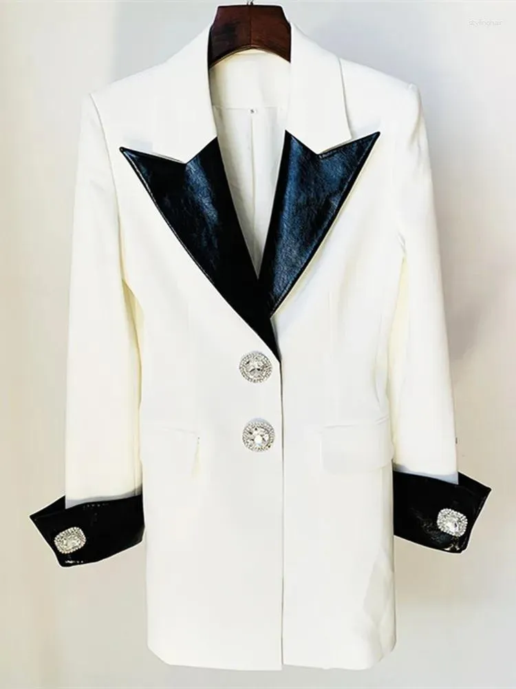 Damenanzüge Fashion Runway Custom Blazer Anzug Damen Leder Spleißen Kerbkragen Langarm Diamanten Einreiher Arbeits OL Jacke