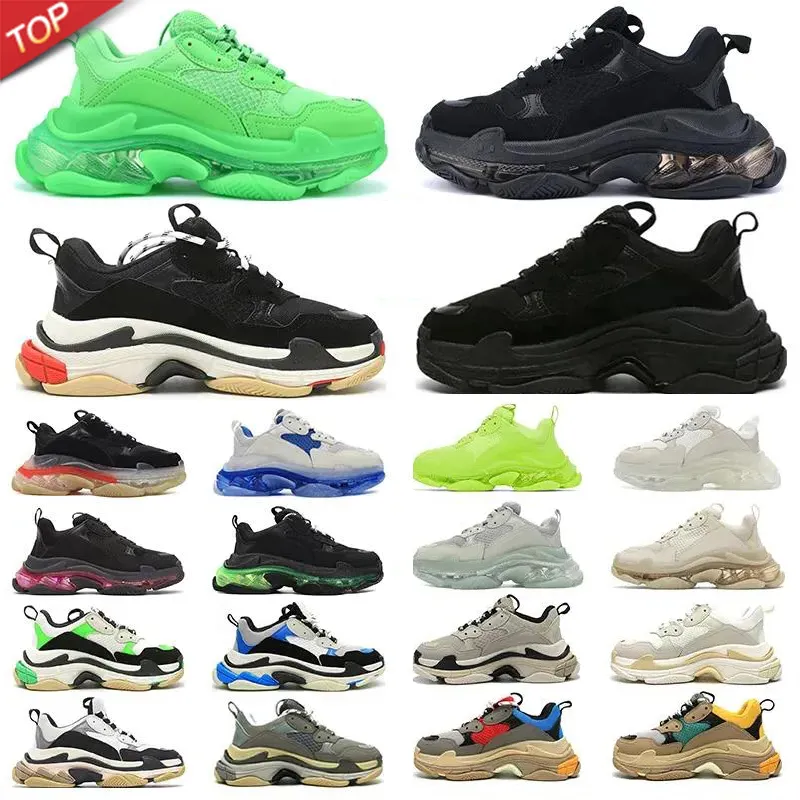 Con caja Triple S Hombres Mujeres Diseñador Zapatos casuales Plataforma Zapatillas de deporte Suela transparente Negro Blanco Gris Rojo Rosa Azul Royal Neon Green Hombres Entrenadores Tenis