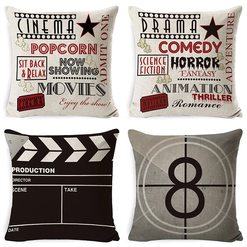 Partihandel Stamp Letter Film Series Throw Pillow Cover With Zipper Linen Cushion Home Soffa Decor Supplies 45x45cm