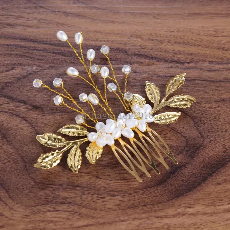 Golden Leaf Crystal Pearl Hair Coman ślub ślubna druhna ślubna Tiars Women Girl