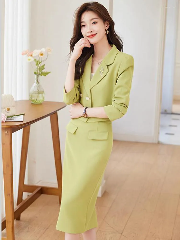 Two Piece Dress Korea Fashion Solid Elegant Double Breasted Suit Short Jacket High Waist Slim Midi Skirt Womens Blazer Sets Autumn