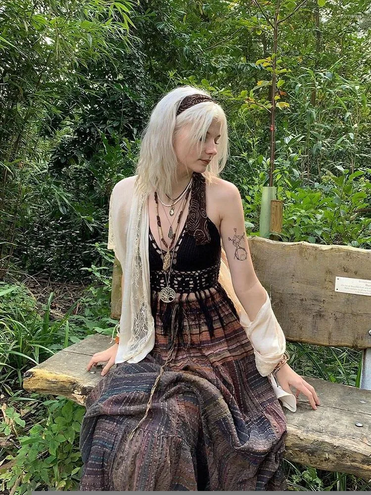 Etek kadın 90'lar moda sokak kıyafetleri kadın vintage peri grunge orta uzunlukta boho yüksek bel baskılı a-line maxi etek