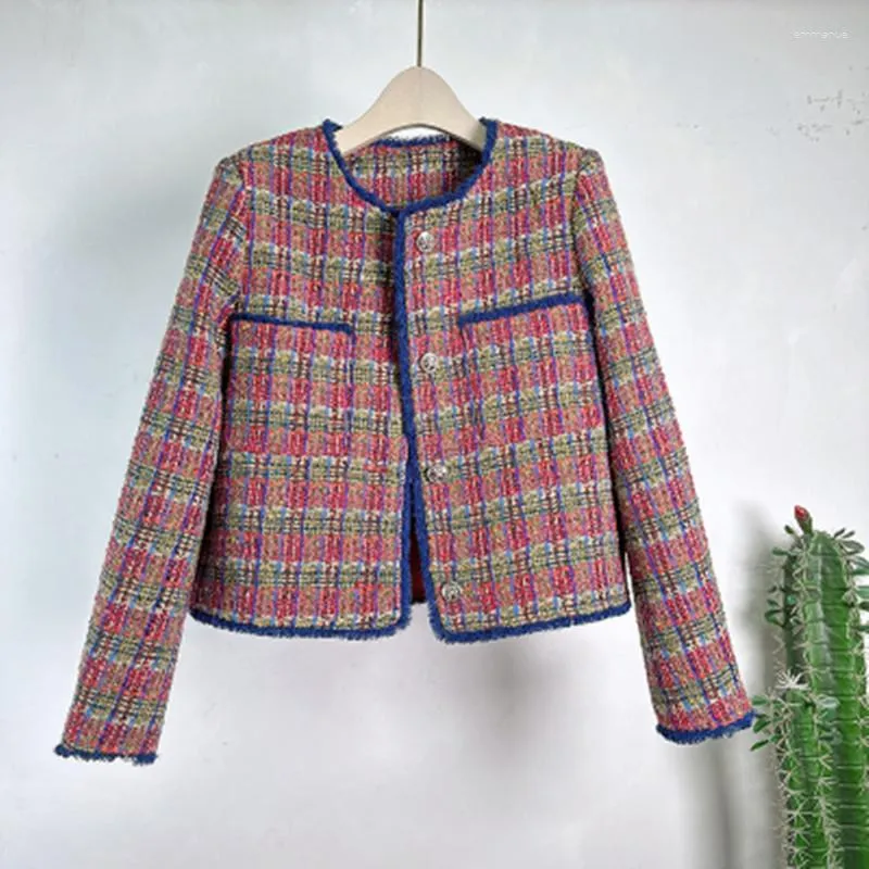 Giacche da donna Coreano Vintage Plaid rosso tessuto Piccolo profumo di vento profumato Cappotto Autunno Slim monopetto Top di lana Casacos femminili