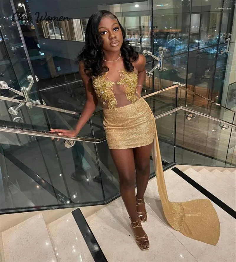 Party Dresses Asymmetrical Gold Black Girls Homecoming Dress With Train 2024 Illusion Top Beaded Hoco Birthday Evening Sequin