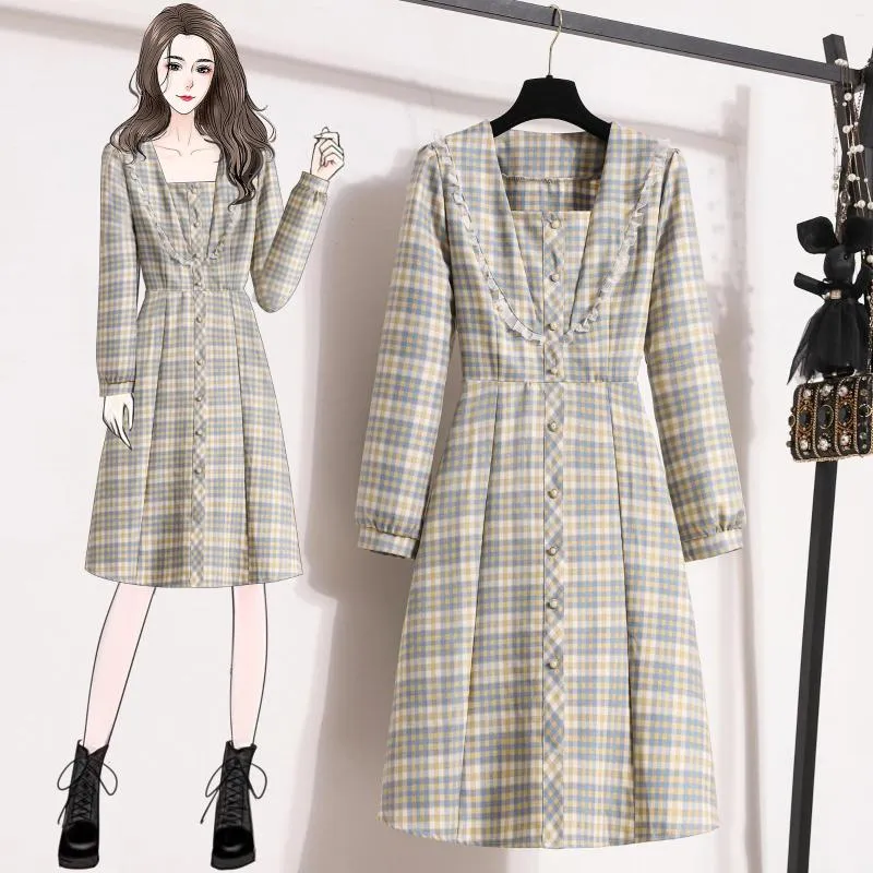 Robes décontractées Eary Automne Mode Femmes Coréenne Style Sweat Robe À Manches Longues Élégance Plaid Empire Taille A-ligne Robes Rencontres Portant