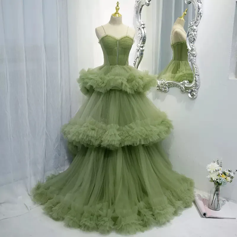 Green Prom Dresses Real Pictures High Waist Evening Dresses Layers Tulle Party Evening Gowns
