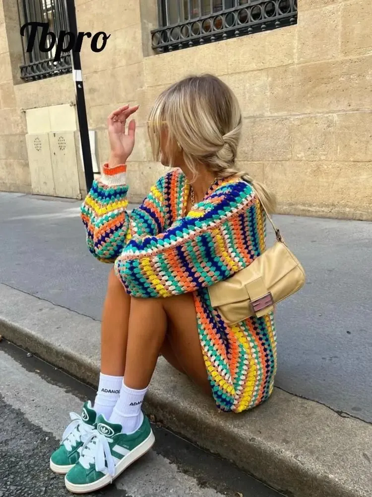 Women's Knits Tees Colorful Striped Women Knitted Cardigan Fashion Rainbow Color Long Sleeve Sweater Coats Autumn Female Streetwear Sweaters 230928