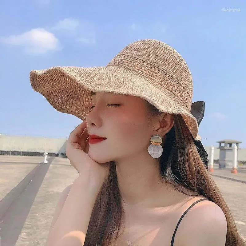 Wide Brim Hats YUDX Cute Girl Bowknot Summer Hollow Out Sunshade Women Korean Style Outdoor UV Protection Collapsible Women's Straw Caps