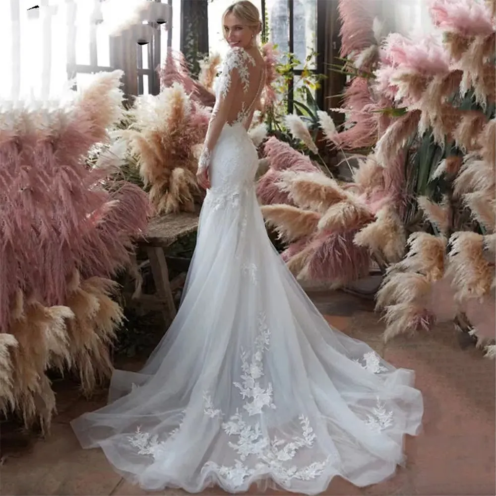 Vintage Mermaid Lace Bridal Gown with Illusion Neckline and Appliques - Sheath Style Lace Mermaid Wedding Dress with Sheer Back (Style 0509)