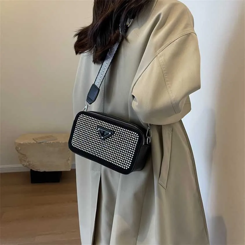 for Women 2023 New Diamond Mounted Camera Simple and Large Capacity One Shoulder INS Crossbody Small Square Bag Tide Inventory 2152