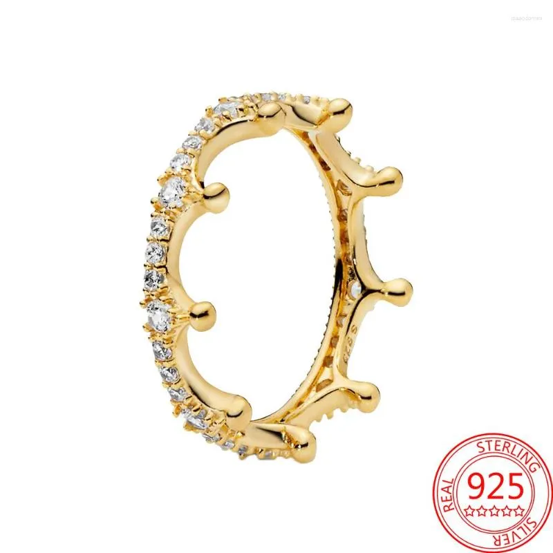 Klusterringar äkta S925 sterling silver guld diamantring transparent glänsande cz glitter krona par smycken gåva