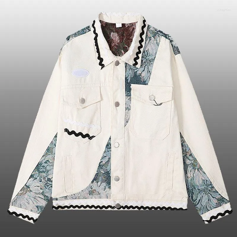 Jaquetas masculinas na moda marca vintage floral impressão jaqueta para homens moda botão contraste costura outfit casaco streetwear