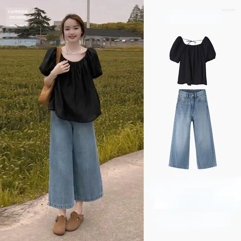 Pantaloni a due pezzi da donna Abito estivo femminile 2023 Coreano retrò vento pigro Casual Top jeans larghi Sub