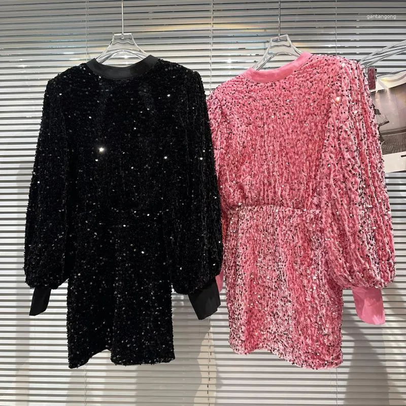 Robes décontractées Luxe Full Paillettes Dos Nu Cerclage Big Bow Sexy Robe De Soirée Lâche Femmes Rose Noir Lanterne Manches Mini 2023