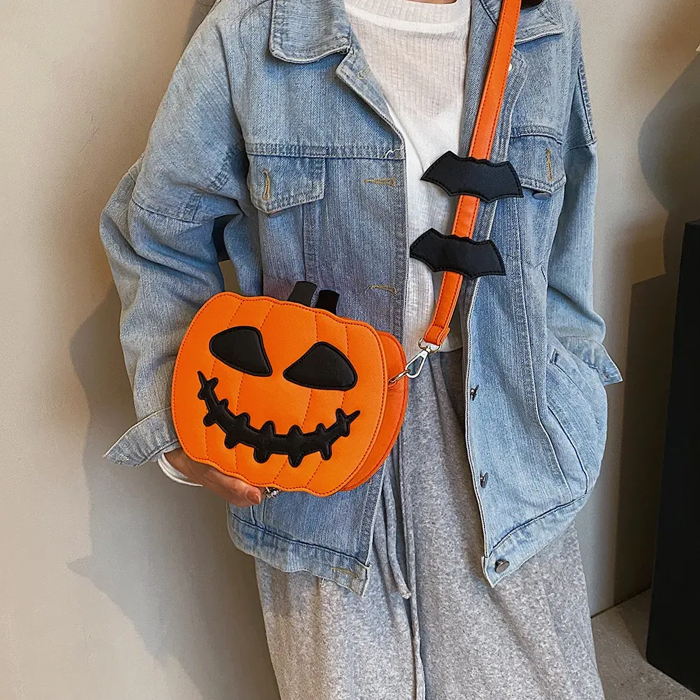 Halloween Pumpkin Bag Funny Bag PU Leather Pumpkin Purse Adjustable Strap Crossbody Bag Fashion Satchel Bag Cartoon Shoulder Bag