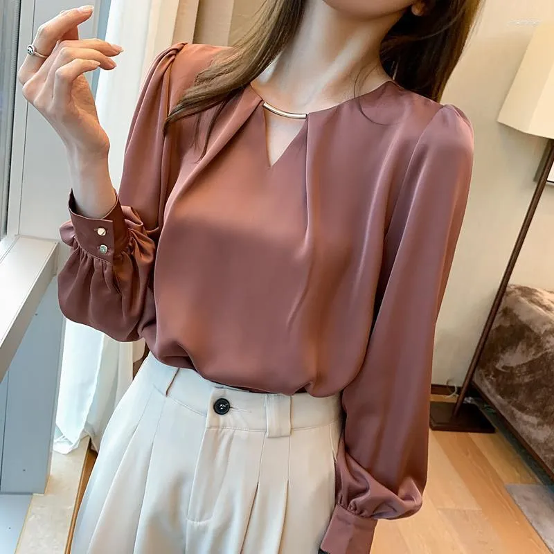 Damesblouses Mode Damesblouse 2023 Effen Chiffon Overhemd Lange mouw Damesoverhemden Kantoor Werkkleding Damestops Blusas Q487