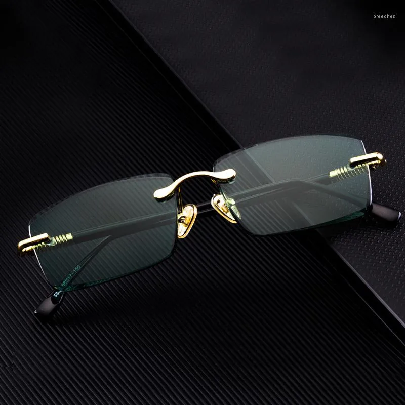 Sonnenbrille Grün Randloses Glas Mann Natürlicher Kristallstein Sonnenbrille Frau Minerallinse Metallrahmen Anti Scratch Top Qualität