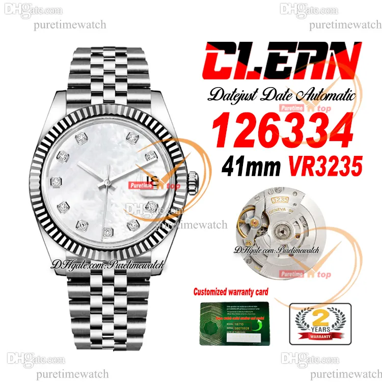 Clean Factory CF 126334 VR3235 Montre automatique pour homme Lunette cannelée Date MOP Diamants Cadran 904L Bracelet en acier jubilé Super Version Puretimewatch Reloj Hombre 0020