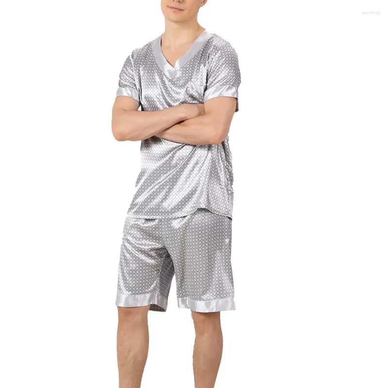 Pijamas masculinos emulação de seda cetim conjunto de pijamas geométricos estampados prata cinza decote em v shorts manga tops conjuntos de camisetas