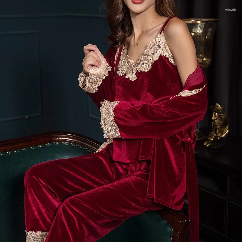 Женская одежда для сна осень-зима женский пижамный комплект из 3 предметов бархатная сексуальная кружевная отделка ночная рубашка пижамный костюм свободная повседневная велюровая домашняя одежда