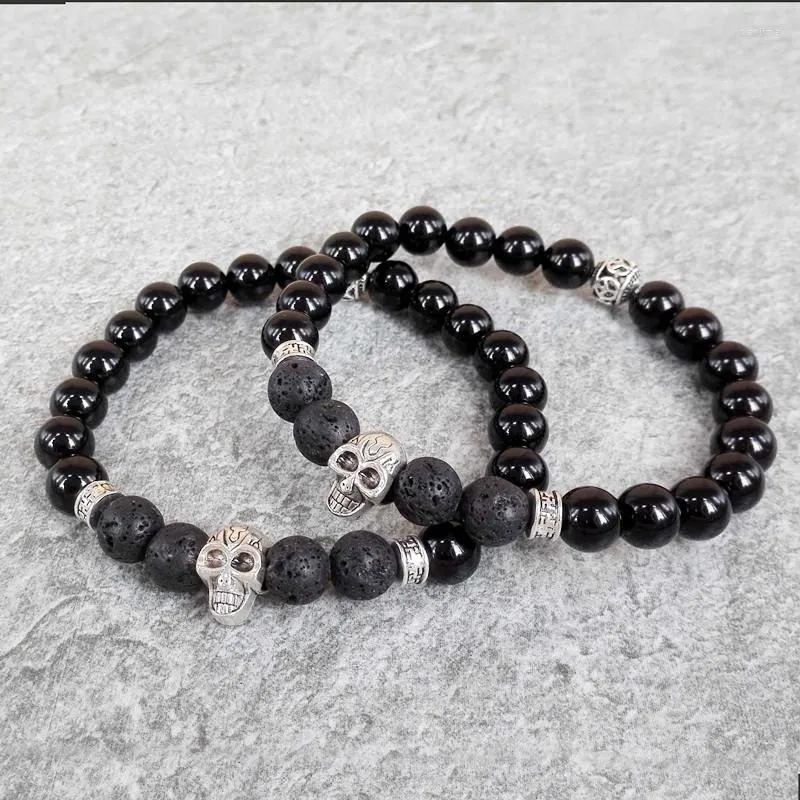 Strand KEJIALAI Design de détail Bijoux de yoga Onyx noir avec des bracelets de perles de pierre de lave Crâne élastique pour le cadeau des hommes M-L345