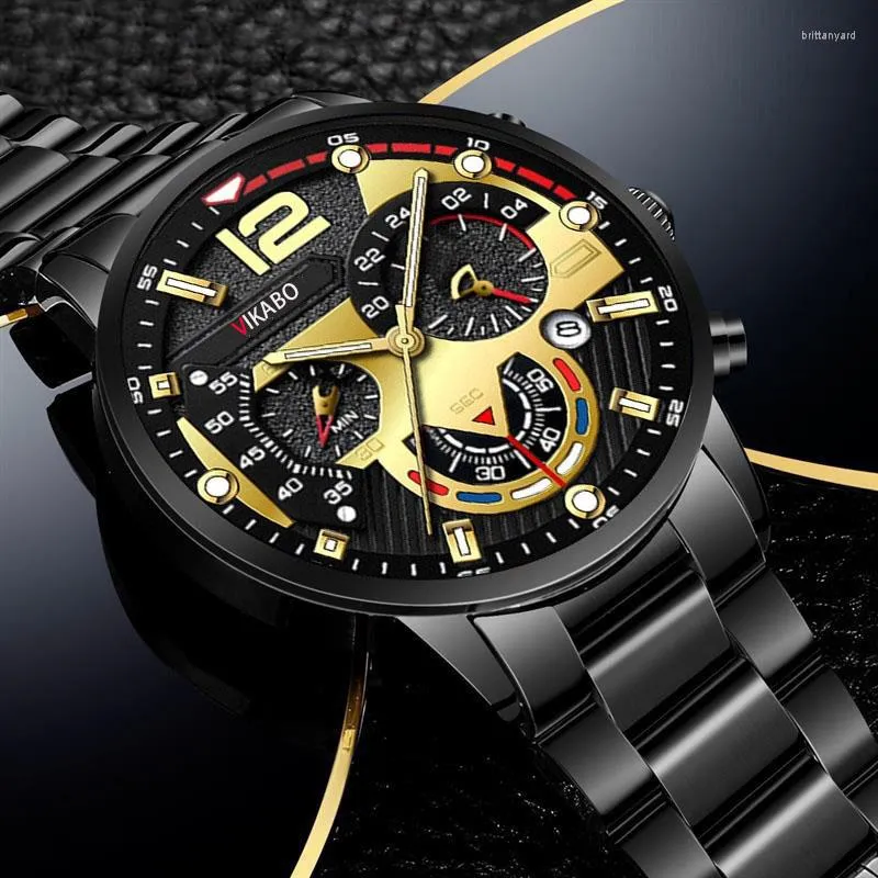 VIKABO Mens Luxury Stainless Chronograph Gold Wristwatches Casual