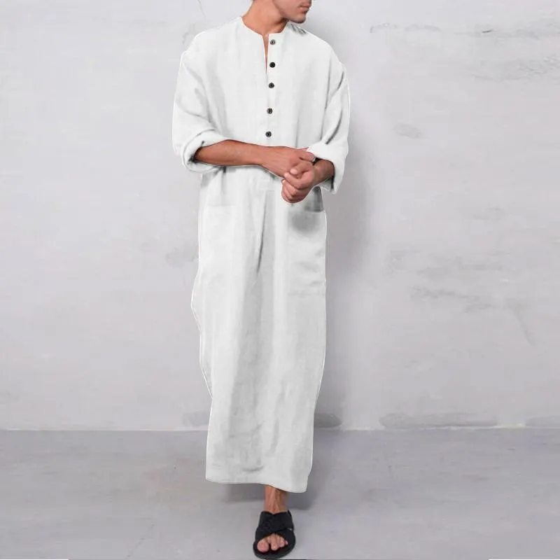 Chemises décontractées pour hommes Chemise en coton Couleur unie Robes arabes musulmanes Blouse longue pour hommes Camisas Vêtements traditionnels Blusas