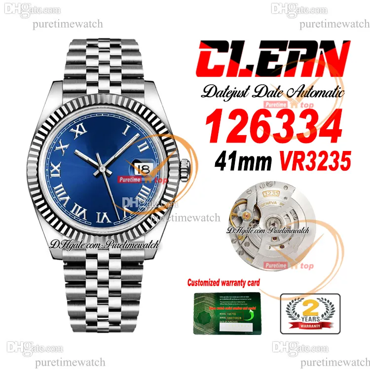 Clean Factory CF 126334 VR3235 Orologio automatico da uomo con lunetta scanalata data quadrante blu romano Bracciale Jubileesteel 904L Super Version Puretimewatch Reloj Hombre 0026