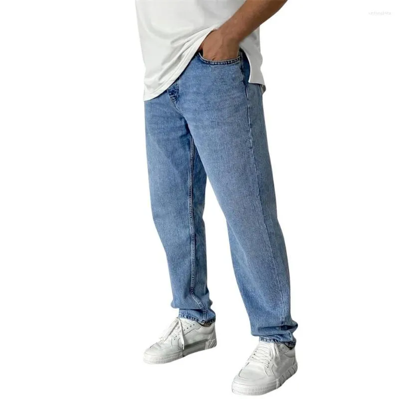 Jeans masculinos homens cor sólida bolsos estiramento denim calças retas quatro estações soltas calças casuais diariamente streetwear roupas