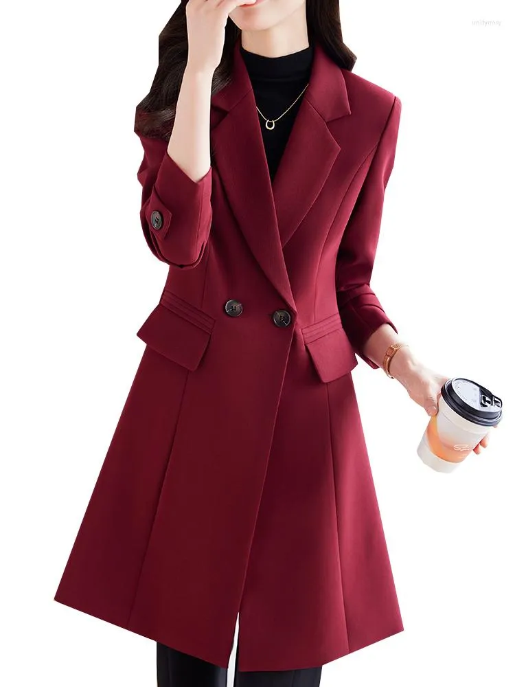 Kvinnors kostymer högkvalitativa kvinnor affärsarbete bär lång formell blazer damer rött kaffe blå solid kvinnlig jacka för höstvinter